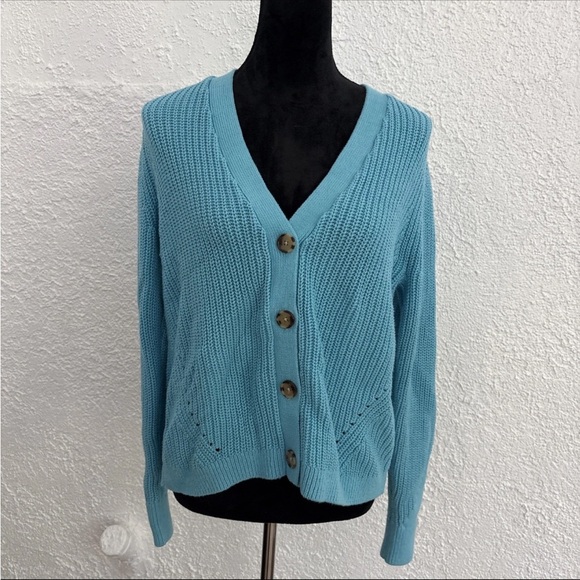 Loft Light Blue Button Down Knit Cardigan Sweater Women’s Size Large Soft Casual - Picture 2 of 6